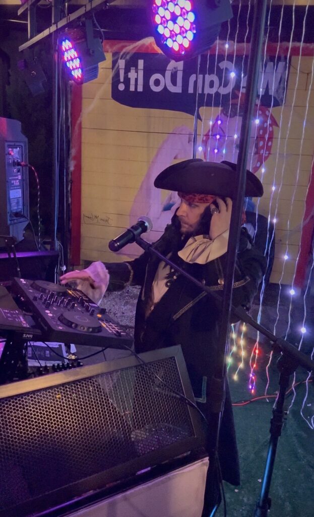 DJ Mike as Jack Sparrow Hosting Riveter's Halloween Bash
